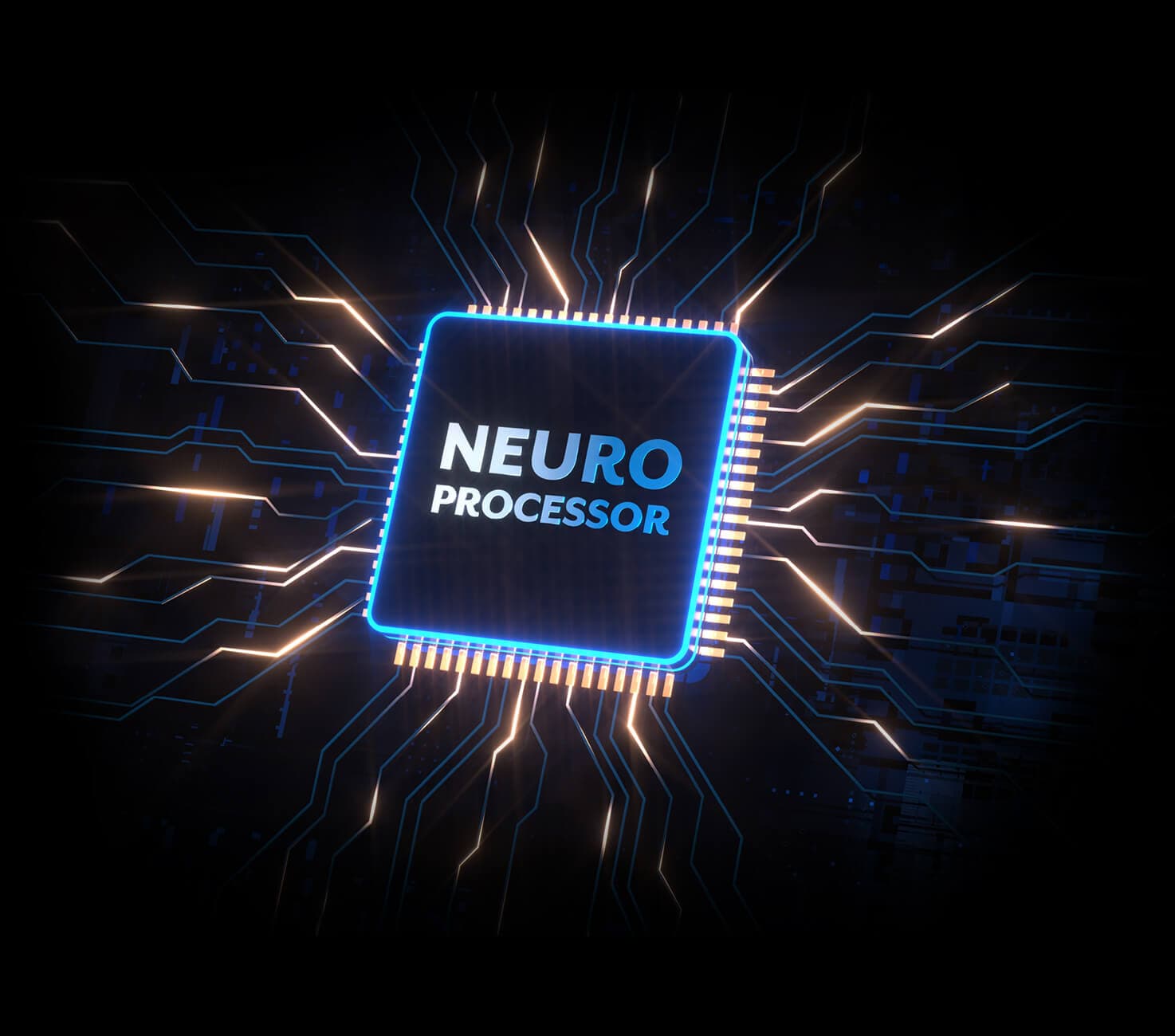 The Starkey Edge AI Neuro Processor chip glowing at the center of a circuit board, modeled on the brain's auditory cortex